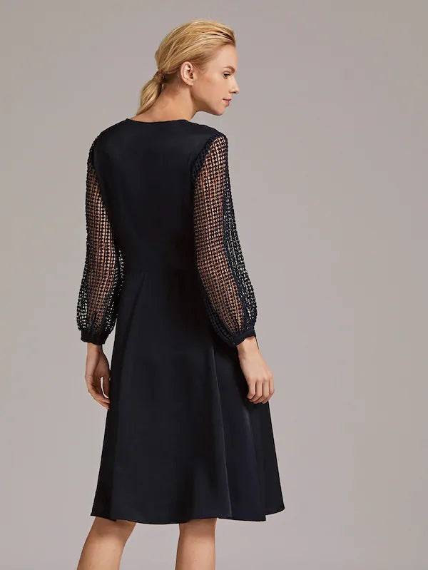 CM-DS827936 Women Casual Seoul Style Long Sleeve Lace Sheer Sleeve Button Front Dress - Navy Blue