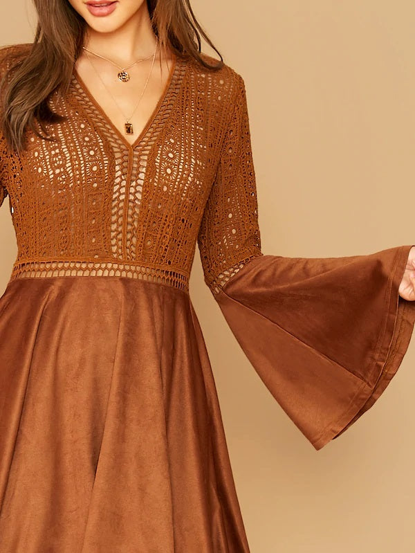 CM-DS828716 Women Trendy Bohemian Style Semi Sheer Lace Bodice Flounce Sleeve Suede Dress - Brown