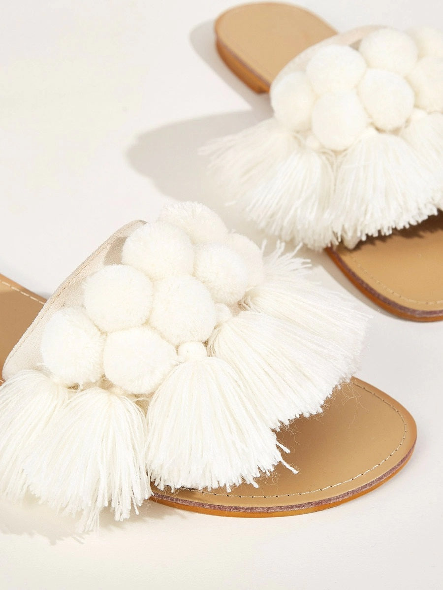 CM-SHS910110 Women Trendy Seoul Style Pom Pom And Tassel Decor Sliders - White