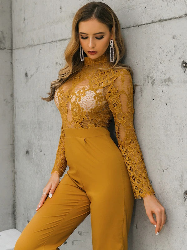 CM-JS911553 Women Elegant European Style Sheer Lace Bodice Flare Leg Jumpsuit - Yellow
