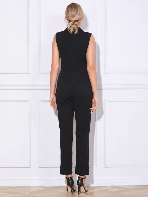 CM-JS911970 Women Elegant Seoul Style Sleeveless Lapel High Waist Long Jumpsuit - Black