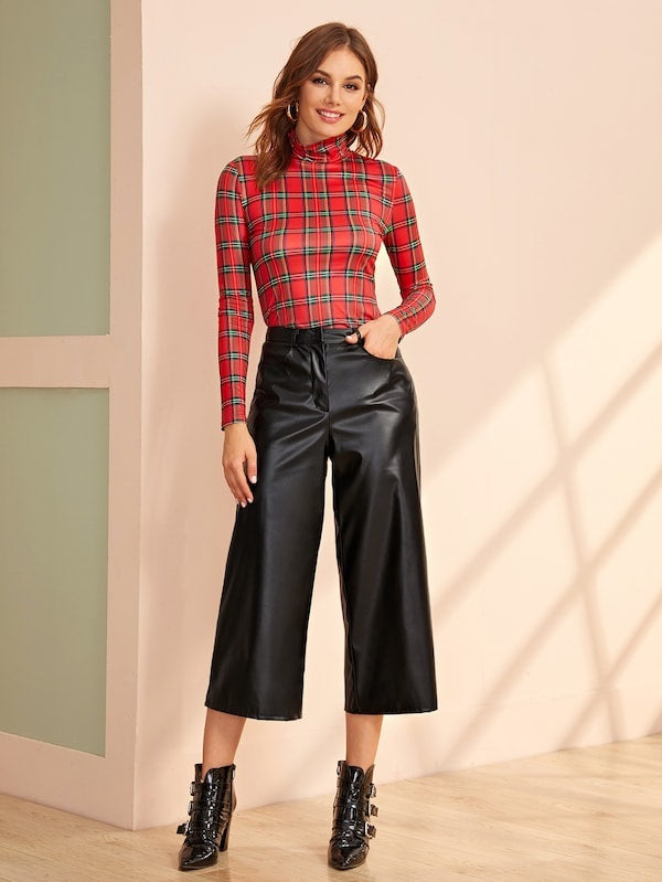 CM-BS819607 Women Elegant Seoul Style Mid Waist Wide Leg PU Leather Capri Pants - Black