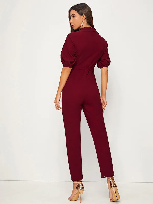 CM-JS819875 Women Casual Seoul Style Puff Sleeve Pearl Detail D-Ring Belted Jumpsuit - Wine Red