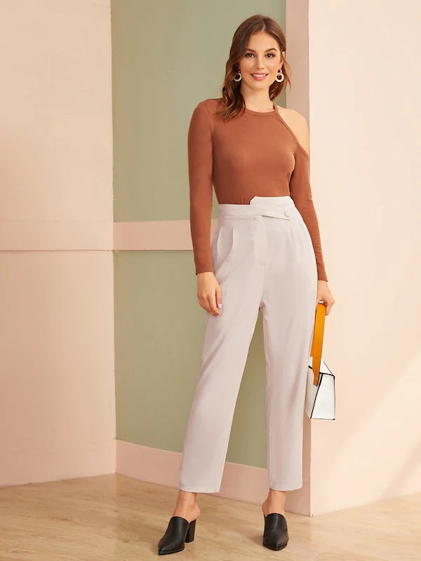 CM-BS729985 Women Casual Seoul Style High Waist Solid Asymmetrical Pleated Pants - Beige