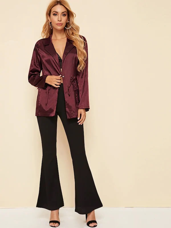 CM-CS814870 Women Casual Seoul Style Long Sleeve Lapel Neck Drawstring Satin Blazer - Wine Red