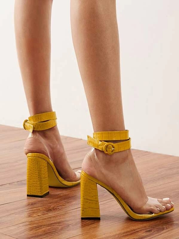 CM-SHS916210 Women Elegant Seoul Style Croc Embossed Chunky Heels - Yellow