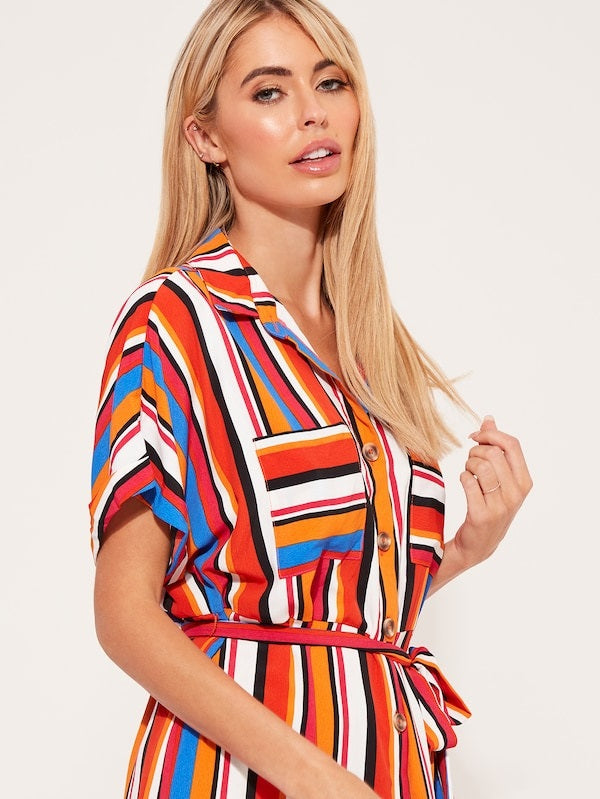 CM-DS826795 Women Casual Seoul Style Short Sleeve Split Side Belted Striped Shirt Dress