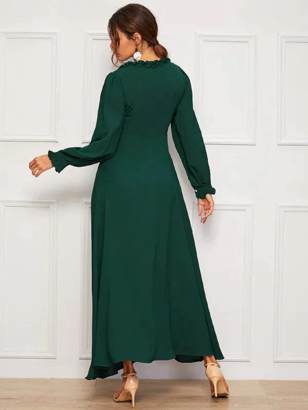 CM-DS917012 Women Elegant Seoul Style Frill Neck Puff Sleeve Button Through A-Line Dress - Green