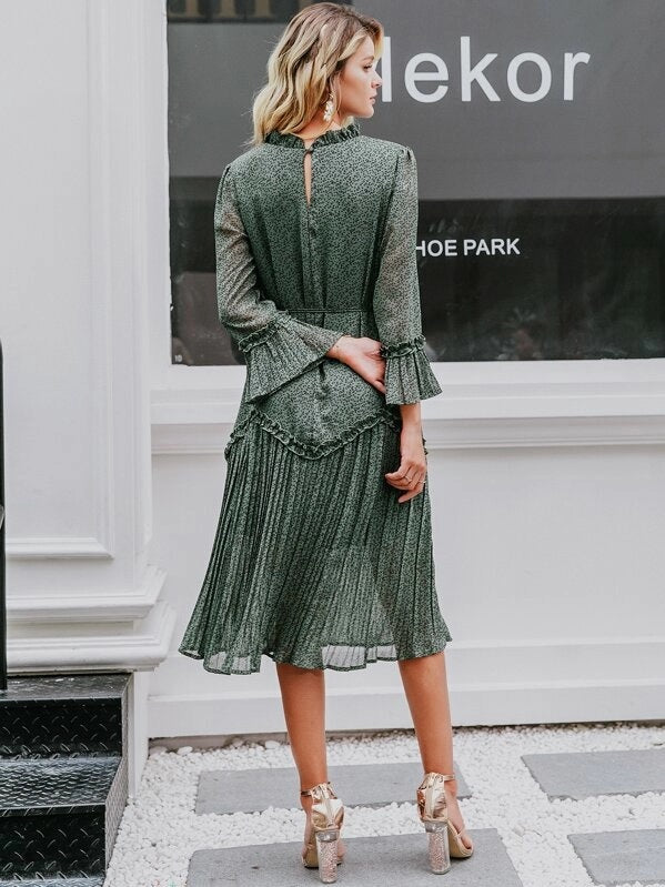 CM-DS917028 Women Elegant Seoul Style Long Sleeve Ditsy Floral Pleated Hem Frilled Belt Dress - Army Green