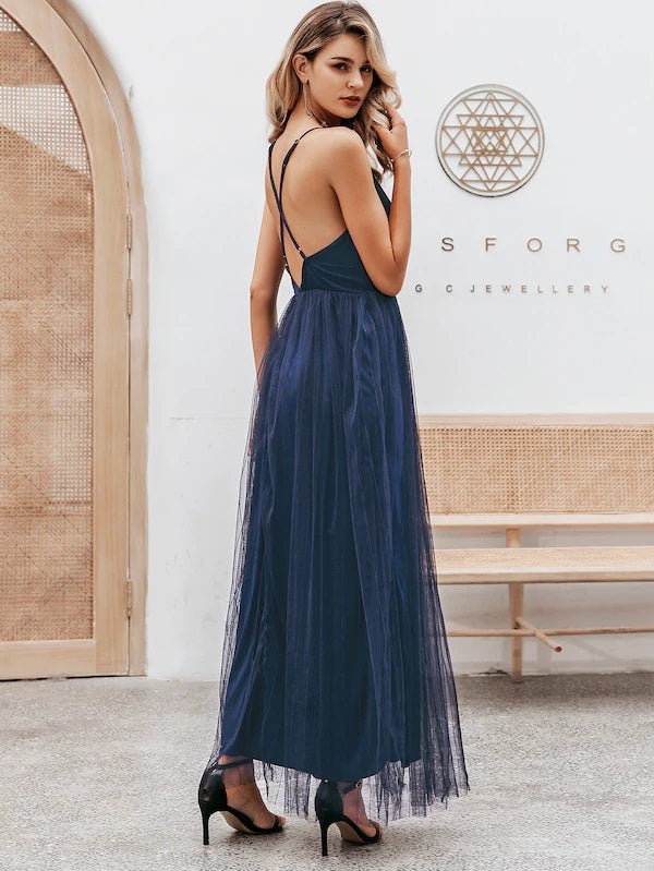 CM-DS917994 Women Elegant Seoul Style Crisscross Back Split Mesh Overlay Prom Dress - Navy Blue