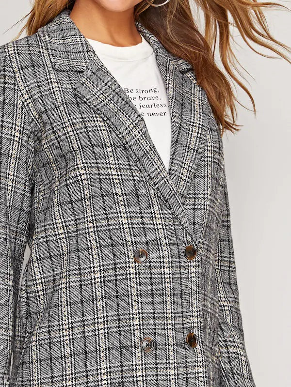 CM-CS909864 Women Casual Seoul Style Long Sleeve Notch Collar Double Breasted Plaid Coat - Gray