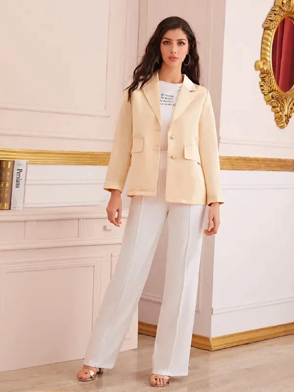 CM-CS919608 Women Casual Seoul Style Long Sleeve Pearls Button Fake Flap Pockets Blazer - Beige
