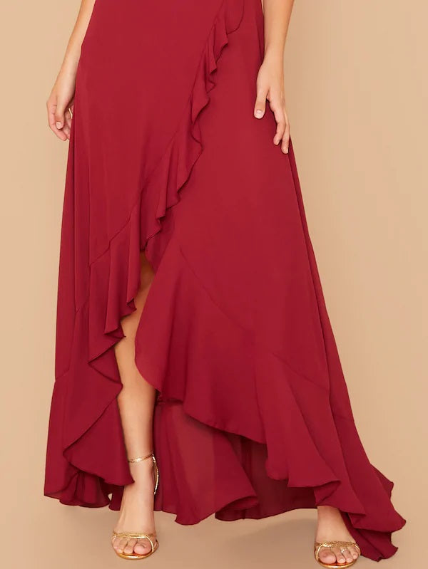 CM-DS815885 Women Elegant Seoul Style Crisscross Lace Up Back Ruffle Asymmetrical Hem Slip Dress