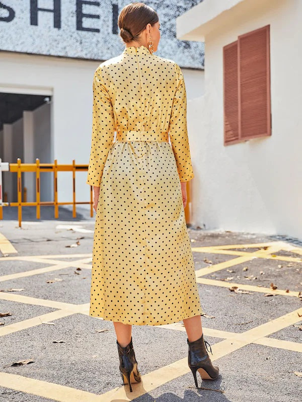 CM-DS918833 Women Elegant Seoul Style Stand Collar Polka Dot Self Belted Satin Dress - Yellow