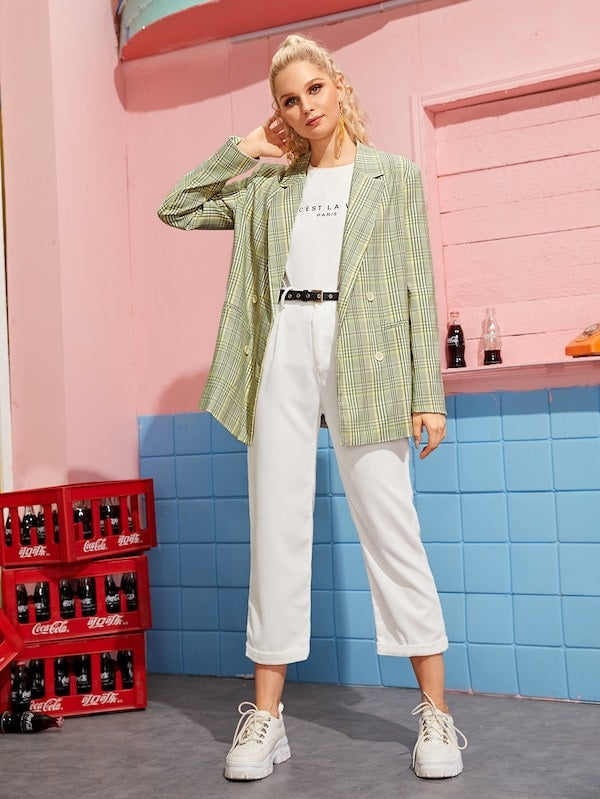 CM-CS920892 Women Elegant Seoul Style Long Sleeve Plaid Double Breasted Lapel Blazer - Green