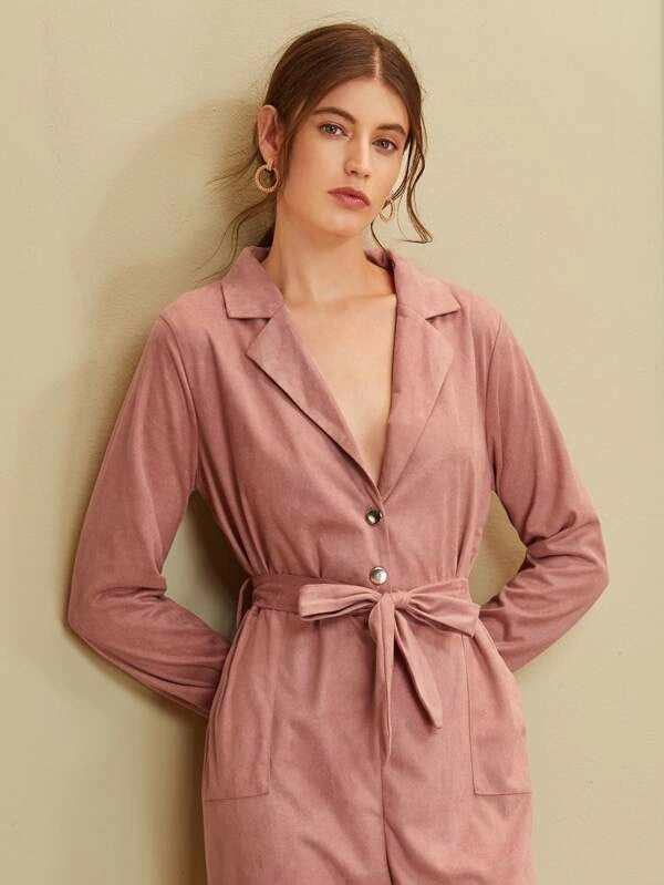 CM-JS910755 Women Casual Seoul Style Slant Pocket Self Belted Button Blazer Jumpsuit - Pink