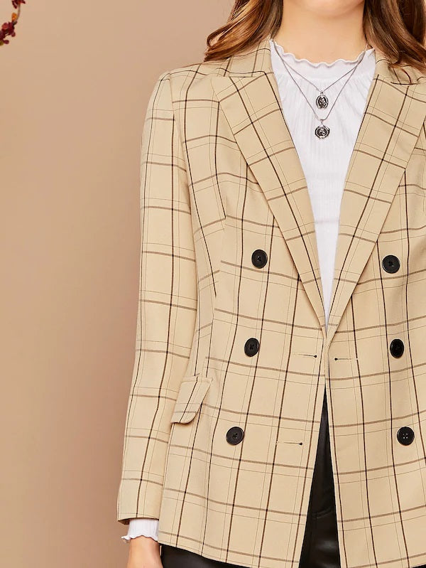 CM-CS809216 Women Elegant Seoul Style Long Sleeve Notch Collar Double Breasted Plaid Blazer - Khaki