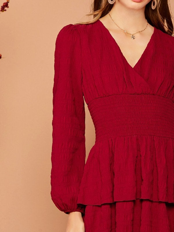 CM-DS807259 Women Trendy Seoul Style Lantern Sleeve Shirred Waist Layered Hem Dress - Wine Red
