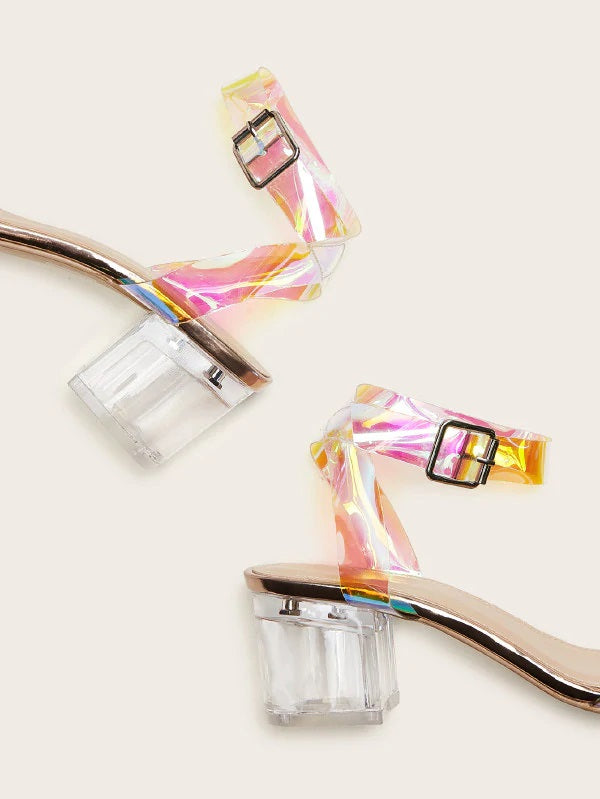 CM-SHS920846 Women Elegant Seoul Style Holographic Ankle Strap Chunky Heels