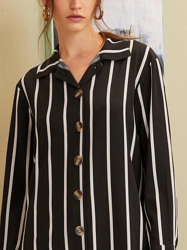 CM-DS923424 Women Casual Seoul Style Long Sleeve Button Front Striped Shirt Dress - Black