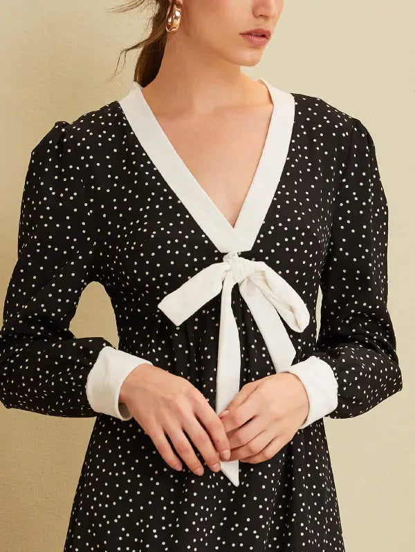 CM-DS923430 Women Elegant Seoul Style Polka Dot V-Neck Tie Front Asymmetrical Hem Dress - Black