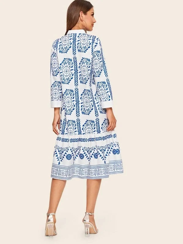 CM-DS923916 Women Casual Seoul Style Long Sleeve Tribal Notched Flounce Hem Shirt Dress