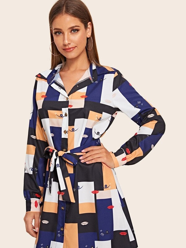 CM-DS923474 Women Casual Seoul Style Long Sleeve Geometric Pattern Self Tie Shirt Dress