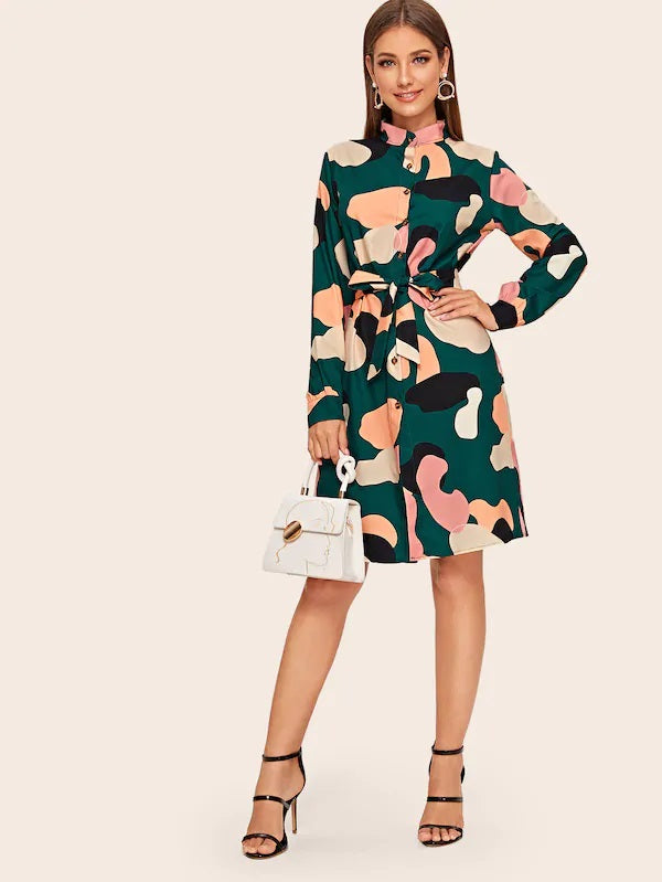 CM-DS923939 Women Casual Seoul Style Long Sleeve Graphic Self Tie Shirt Mini Dress - Green