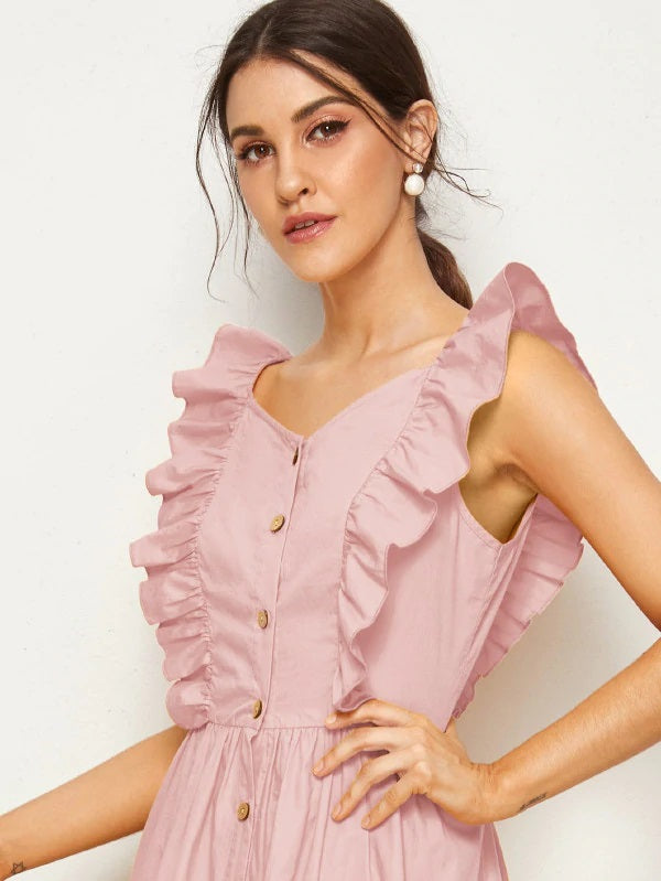 CM-DS801146 Women Casual Seoul Style Cap Sleeve Ruffle Trim Button Up Long Dress - Pink