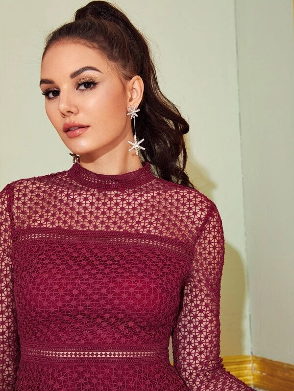 CM-DS904918 Women Elegant Seoul Style Long Sleeve Zipper Back Layered Ruffle Hem Lace Dress - Wine Red
