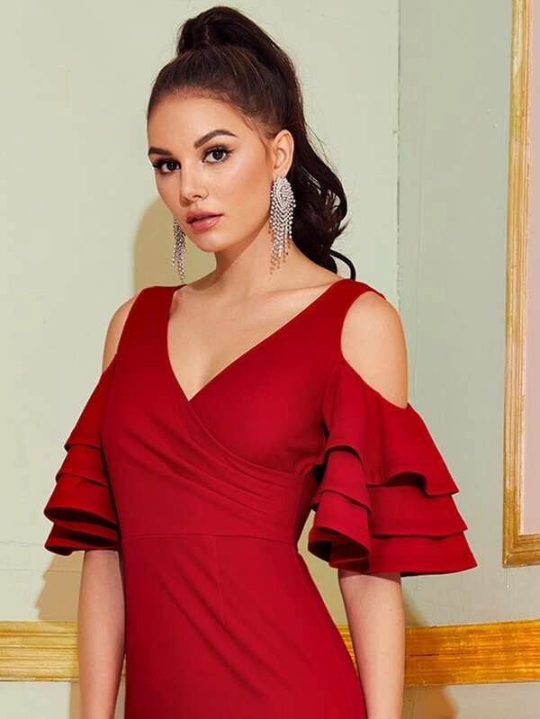 CM-DS812712 Women Elegant European Style Cold Shoulder Layered Sleeve Pencil Dress - Red