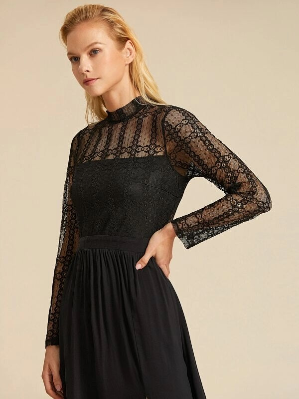 CM-DS916512 Women Elegant Seoul Style Long Sleeve Lace Split Thigh Flare Long Dress - Black