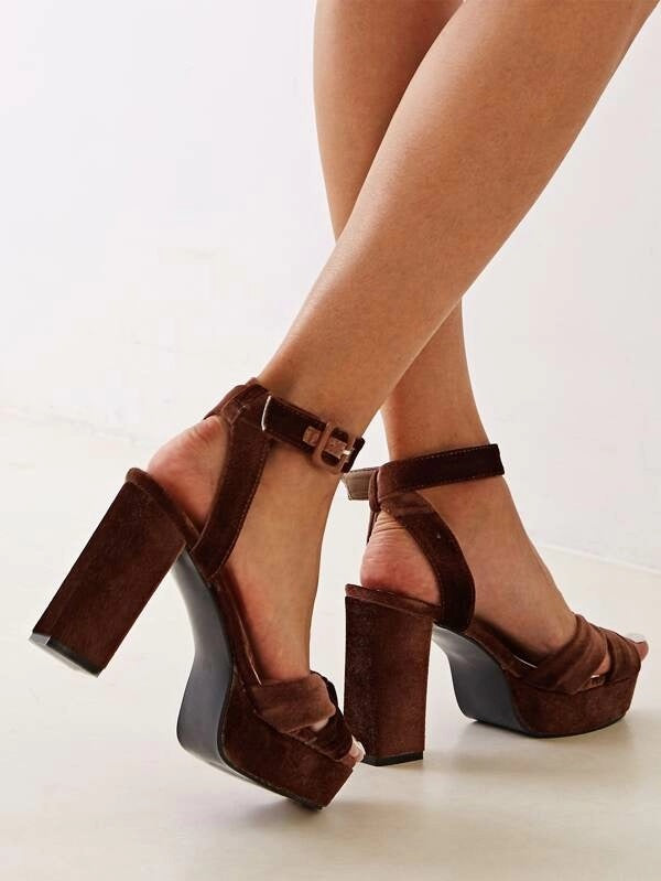 CM-SHS925533 Women Elegant Seoul Style Peep Toe Ankle Strap Chunky Heels - Brown
