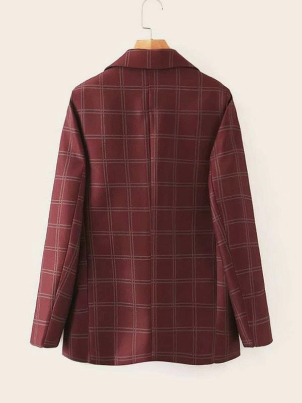 CM-JS926170 Women Elegant Seoul Style Long Sleeve Plaid Double Breasted Lapel Blazer - Wine Red
