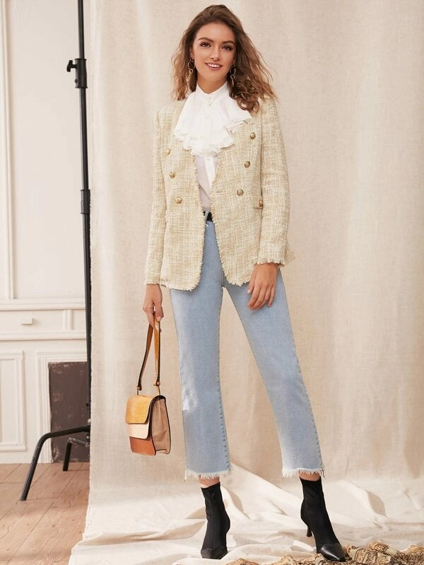 CM-CS827519 Women Elegant Seoul Style Long Sleeve Buttoned Raw Trim Tweed Blazer - Beige