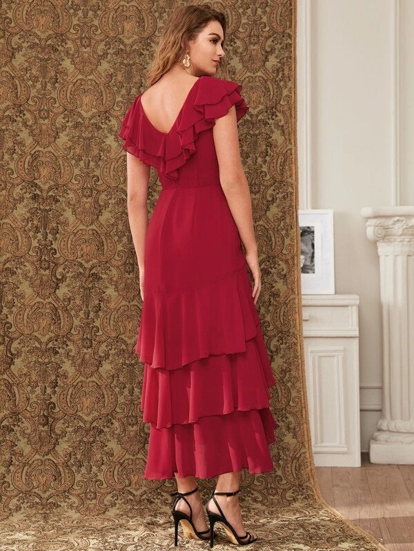 CM-DS822837 Women Elegant Seoul Style Short Sleeve Ruffle Trim Layered Hem Long Dress - Wine Red