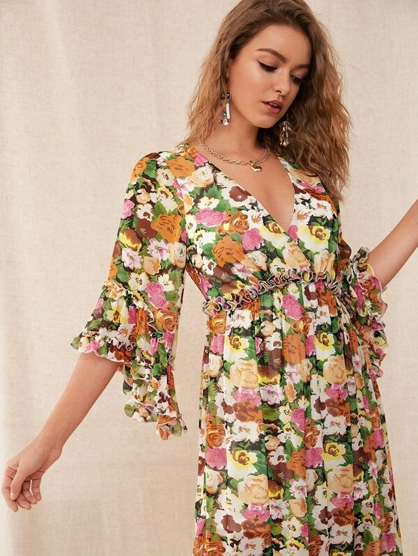 CM-DS830523 Women Casual Bohemian Style Surplice Neck Ruffle Trim Allover Floral Print Dress