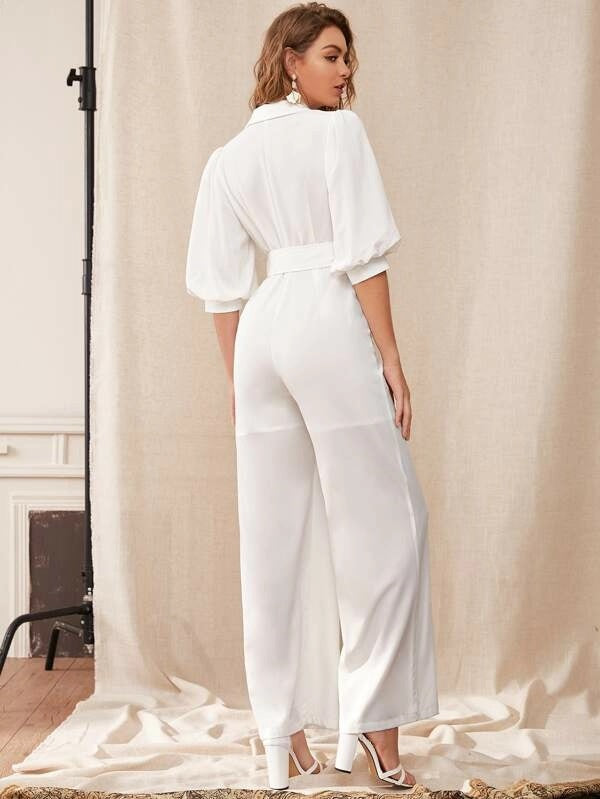 CM-JS827120 Women Elegant Seoul Style Plunging Neck Puff Sleeve Belted Jumpsuit - White