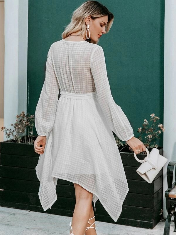 CM-DS926402 Women Elegant Seoul Style Long Sleeve Hanky Hem Surplice Wrap Grid Dress - White