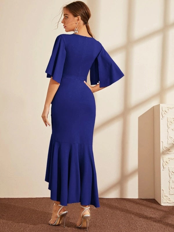 CM-DS919367 Women Elegant Seoul Style Half Split Sleeve Ruffle Hem Wrap Dress - Blue