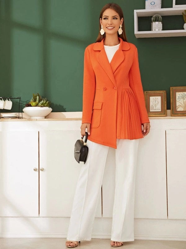CM-CS924561 Women Elegant European Style Notched Collar Pleated Panel Blazer - Orange