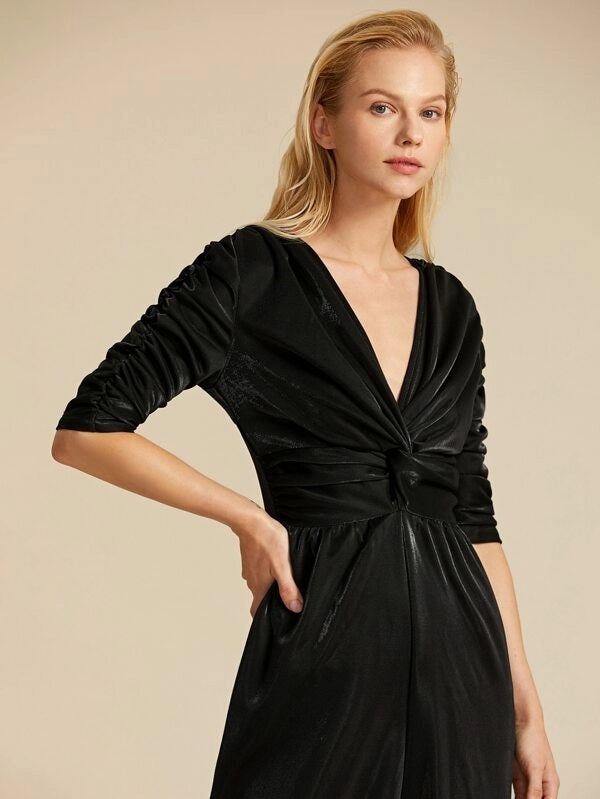 CM-JS917894 Women Elegant Seoul Style Ruched Detail Gathered Sleeve Wide Leg Jumpsuit - Black