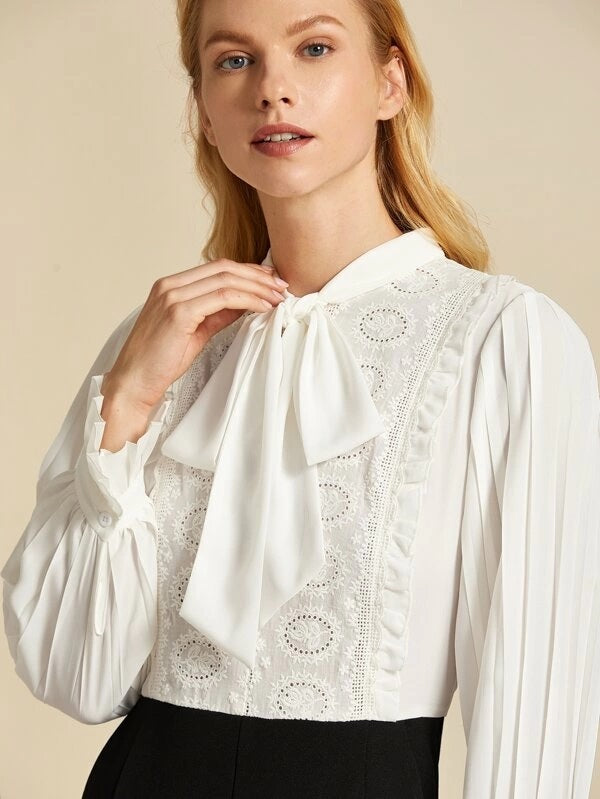 CM-JS923157 Women Elegant Seoul Style Tie Neck Pleated Flounce Sleeve Lace Long Jumpsuit