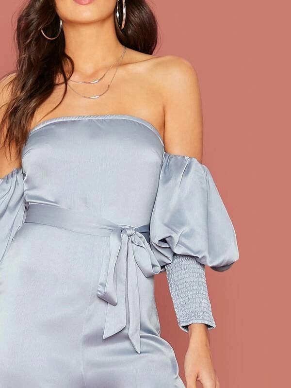 CM-JS703330 Women Elegant Seoul Style Shirred Cuff Gigot Sleeve Belted Bardot Satin Jumpsuit - Blue