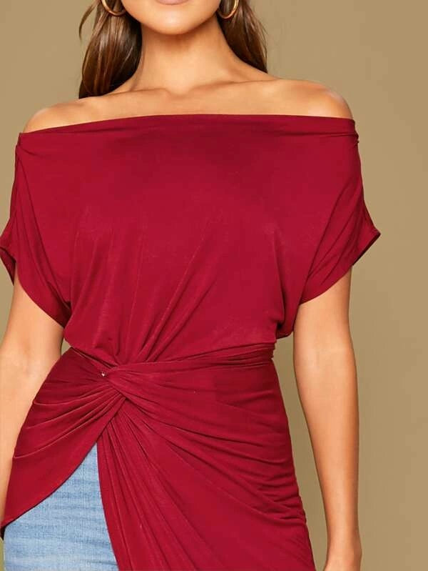 CM-TS905099 Women Casual Seoul Style Off Shoulder Twist Front Asymmetrical Hem Top - Wine Red