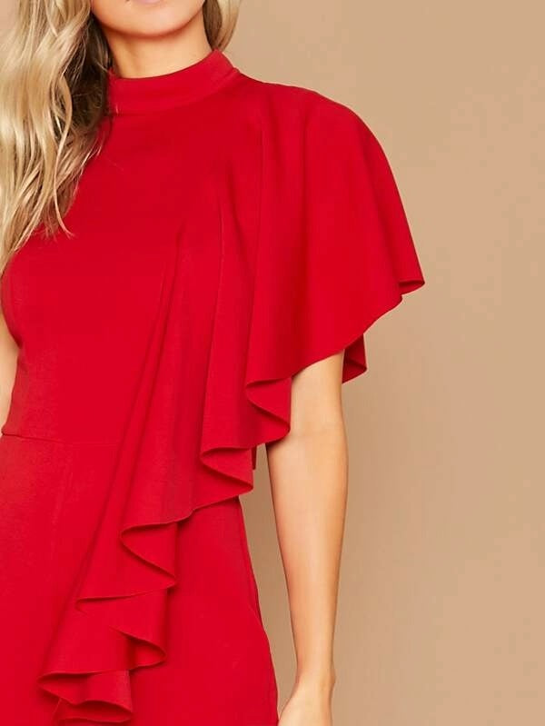 CM-JS916633 Women Elegant Seoul Style Mock-Neck Exaggerate Ruffle Trim Wide Leg Jumpsuit - Red