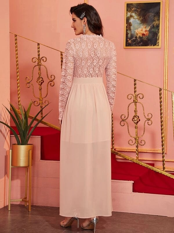 CM-DS010604 Women Elegant Seoul Style Surplice V-Neck Contrast Lace A-Line Long Dress - Pink