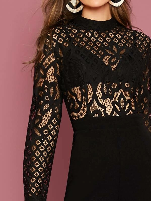 CM-JS919848 Women Elegant Seoul Style Guipure Lace Bodice Wide Leg Jumpsuit - Black