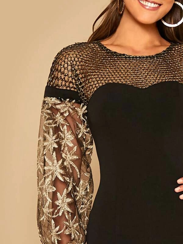 CM-DS916534 Women Elegant Seoul Style Sheer Yoke Embroidered Mesh Sleeve Fishtail Hem Dress - Black