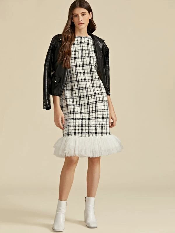 CM-DS929349 Women Elegant European Style Short Sleeve Layered Mesh Hem Plaid Tweed Dress